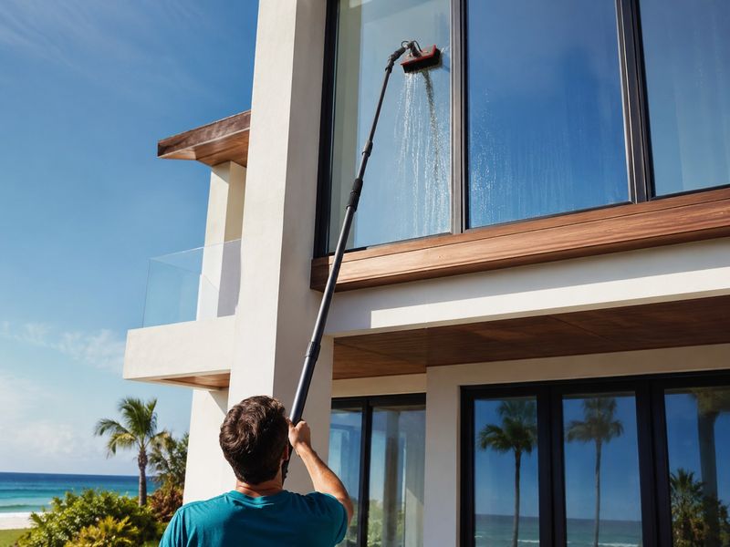 High-reach exterior window cleaning with water-fed pole